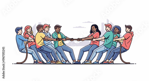Diverse people in a lively tug-of-war competition