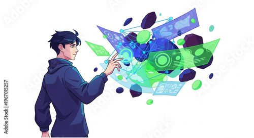 Young man engages with a dynamic holographic digital interface, exploring advanced data visualization and future technology concepts in an immersive virtual environment