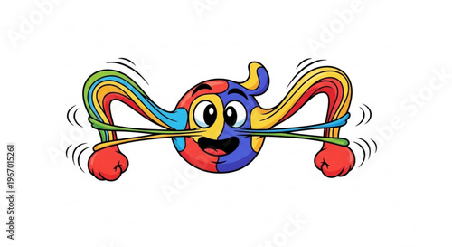 Creative cartoon character stretching its colorful elastic limbs with a playful expression