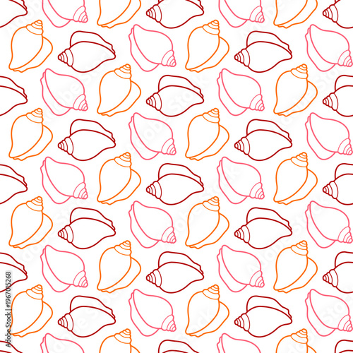 Seamless pattern of hand drawn seashells and conches on isolated background. Nautical design for summer textiles, beachwear, gift wrap, scrapbooking, nursery and coastal home decor.