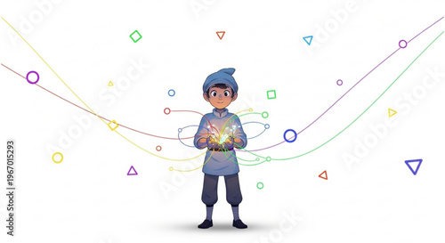 A young boy in a blue hat and outfit conjures glowing orbs of light, surrounded by colorful abstract shapes and wavy lines on a white background