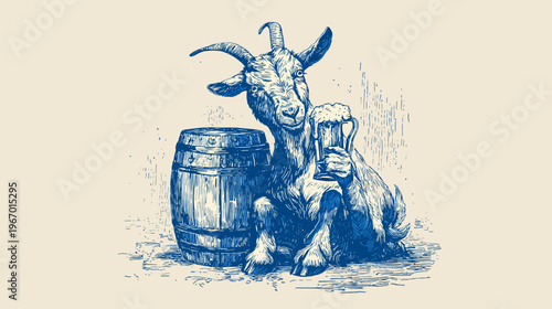 Illustrated goat with mug of beer by a wooden barrel illustration artwork