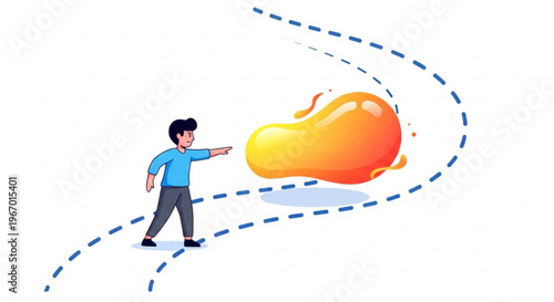 Vector illustration of a man guiding a vibrant abstract liquid form along a dashed path, symbolizing the flow of ideas, strategic thinking, and overcoming challenges
