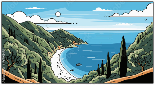 A scenic coastal landscape with lush green hills and a serene blue bay