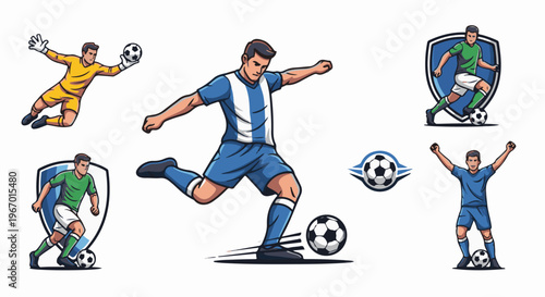 Dynamic soccer players in action, kicking, saving, and celebrating with ball