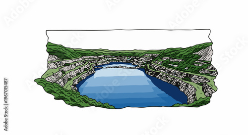A quarry with tiered rocky walls and a blue lake at its center, surrounded by green hills