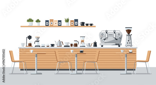 A modern coffee shop interior with a wooden counter, various brewing equipment, and three small tables with chairs is depicted.