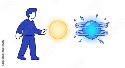 Man sending a glowing yellow orb towards a blue energy field with electrical currents