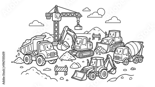 Construction vehicles on a building site.
