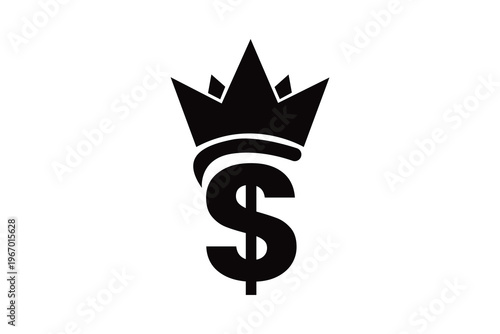 Royalty and Wealth Symbolized by a Dollar Sign with a Crown, Monochrome Illustration Representing Financial Success and Monarchy.