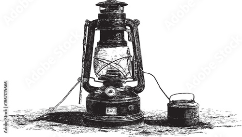 Vector illustration of an old-fashioned kerosene camp lantern. Illustration of outdoor survival gear.
