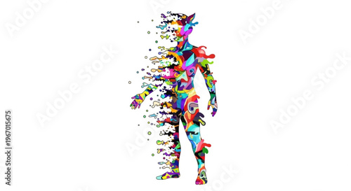 Vibrant abstract human form fragmented into a kaleidoscope of colors, representing the evolving nature of digital self and personal transformation