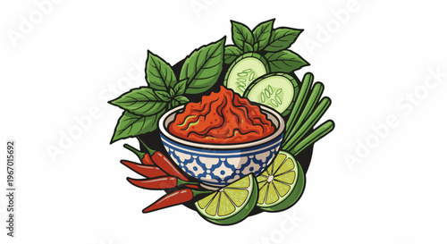 Flavorful ingredients arranged artistically around a bowl of vibrant red paste