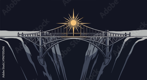 Ornate bridge with a sunburst emblem above, spanning a dark canyon