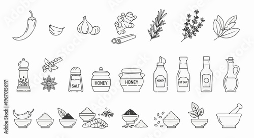 Collection of kitchen spices, herbs, and condiments in a hand-drawn style