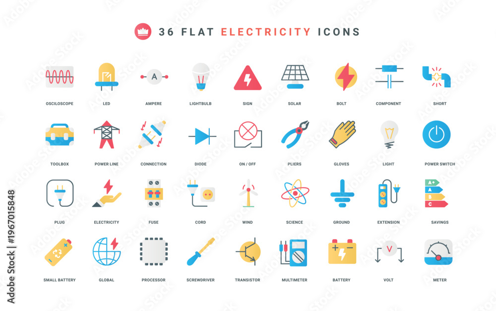 Fototapeta premium Electricity, electrical circuit components, equipment and electricians toolbox color icon set. Transistor and capacitor, fuse and extension cord, energy label flat elements vector illustration