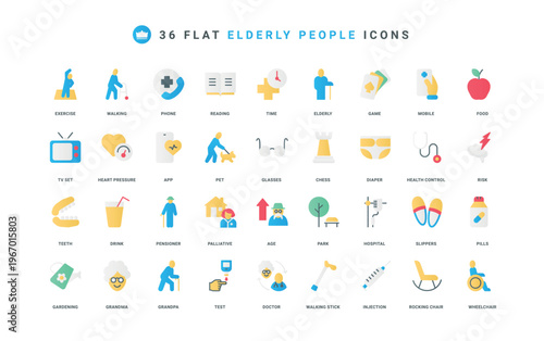 Senior people care, health control and caregivers support, life items color icon set. Grandfathers cane, rocking chair, grandmothers glasses and pills, pension flat elements vector illustration