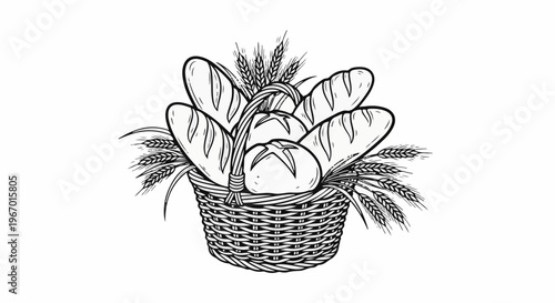 Line art drawing of a wicker basket filled with various loaves of bread and wheat stalks