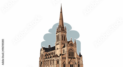 Ornate Gothic cathedral with tall spired tower against soft clouds