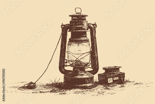 Vector illustration of an old-fashioned kerosene camp lantern. Illustration of outdoor survival gear.