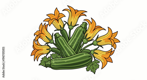 Green striped vegetables with bright orange flowers and leaves