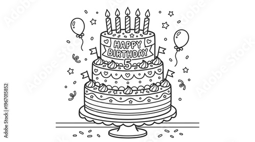 Birthday cake with lit candles decorated.