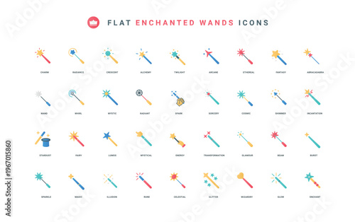 Wand with star and heart, mystery sparks thin symbols vector illustration. Magic wand, magician and wizard stick for miracle and tricks, graphic filter editor tool flat icon set