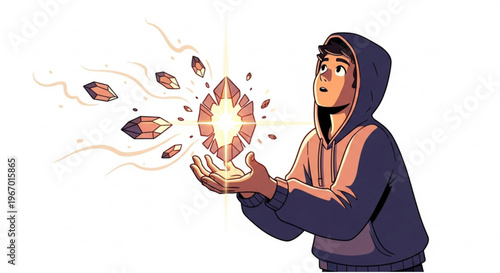 Young person with glowing crystals, magical light emanating from hands, fantasy illustration