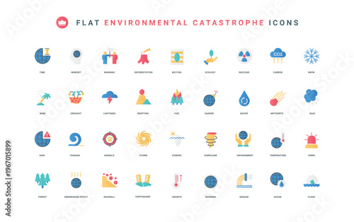 Temperature CO2 emissions growth, earthquake and flood, fire thin symbols vector illustration. Natural disasters and environment catastrophes due to climate change flat icon set