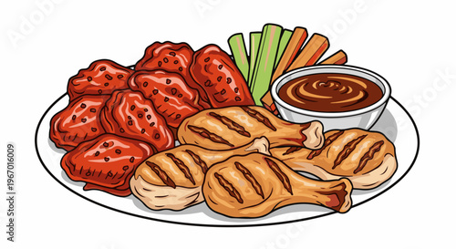 Appetizing platter of grilled chicken drumsticks and wings