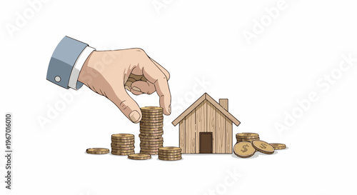 Hand placing coins next to a small wooden house with scattered money around