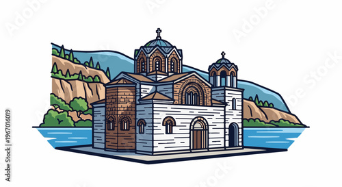 Ornate building with domes stands beside a tranquil lake and rolling hills