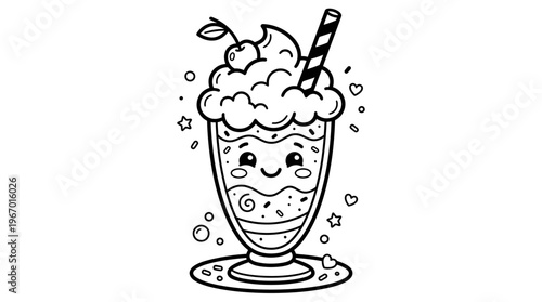 Cartoon milkshake with smiling face.