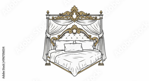 Ornate canopy bed with draped curtains and plush white bedding