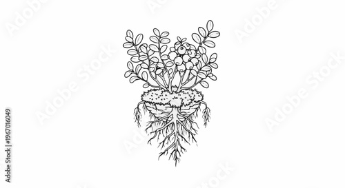 Black and white illustration of a plant with berries and a complex root system