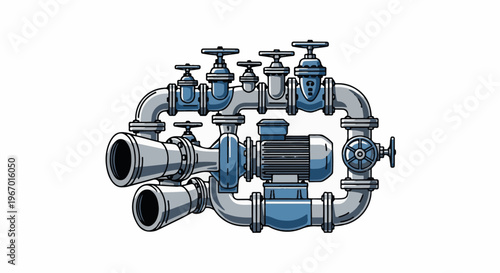 Intricate network of industrial pipes with valves and a central motor