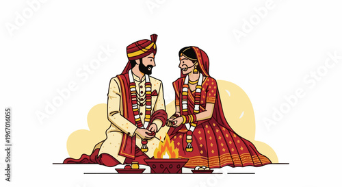 Illustrated Indian couple in traditional wedding attire, seated by a sacred fire