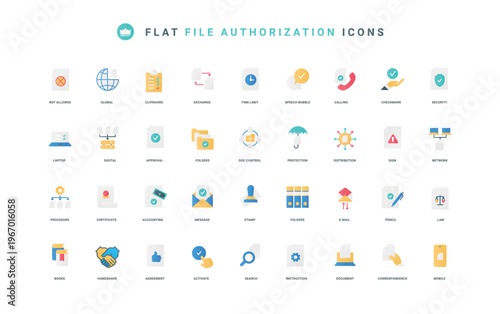 Rules and stamp, instructions to search, share and approve thin symbols vector illustration. Authorization and verification, approval of digital file and document flat icon set