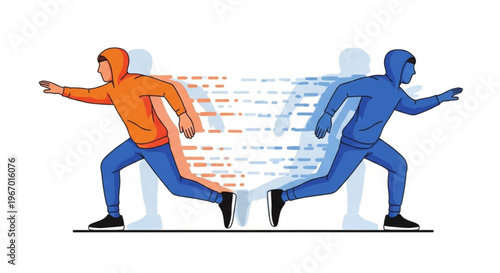 Illustration of two runners in opposite directions, one orange and one blue, with motion blur effects suggesting speed and movement