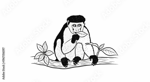 Black and white illustration of a primate on a branch eating a leaf