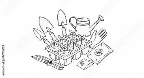 Illustration of gardening tools, seedlings, seeds, and watering can