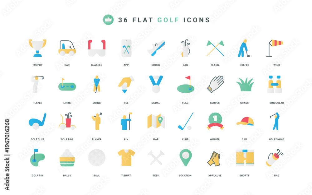 Fototapeta premium Golf and golfer player action, sport equipment, hobby and tournament trophy of winner color icon set. Club bag and flag, hole for ball on grass golf course, cart flat elements vector illustration
