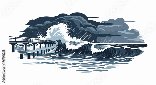 A stormy ocean crashes against a pier under a dark, cloud-filled sky