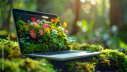 Laptop in nature with flowers growing from the screen.