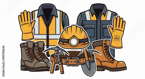 Essential mining safety gear boots, gloves, helmet, tools, and high-visibility vests
