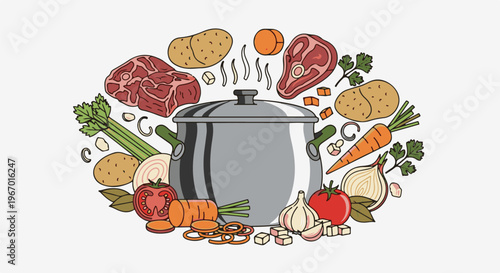Ingredients are arranged around a steaming pot, ready for cooking a hearty meal