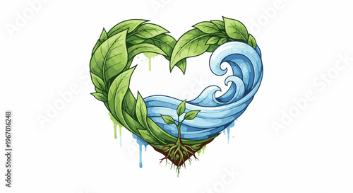 Heart shaped nature symbol with leaves, water and growing plant