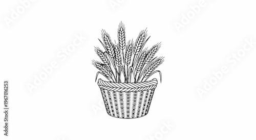 Hand-drawn basket overflowing with wheat stalks
