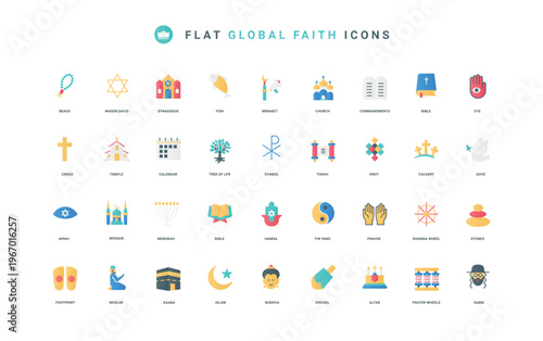 Faith and hope of prayers to god, temple and ritual thin symbols vector illustration. Global diversity of world religions, Christianity, Islam, Judaism and Buddhism flat icon set