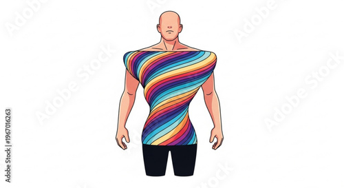 Abstract concept of a human torso with a vibrant, twisted, rainbow-striped design, symbolizing individuality, artistic expression, and modern graphic art